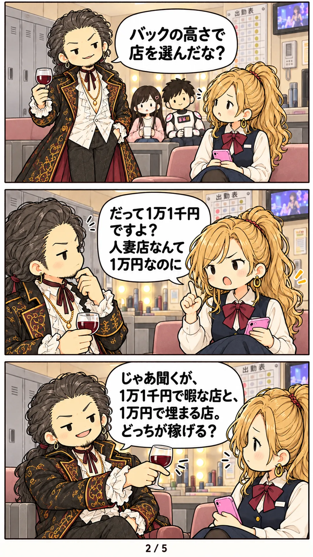 2ページ目。伯爵が登場。伯爵「バックの高さで店を選んだな？」。レイナ「だって1万1千円ですよ？ 人妻店なんて1万円なのに」。伯爵「じゃあ聞くが、1万1千円で暇な店と、1万円で埋まる店。どっちが稼げる？」