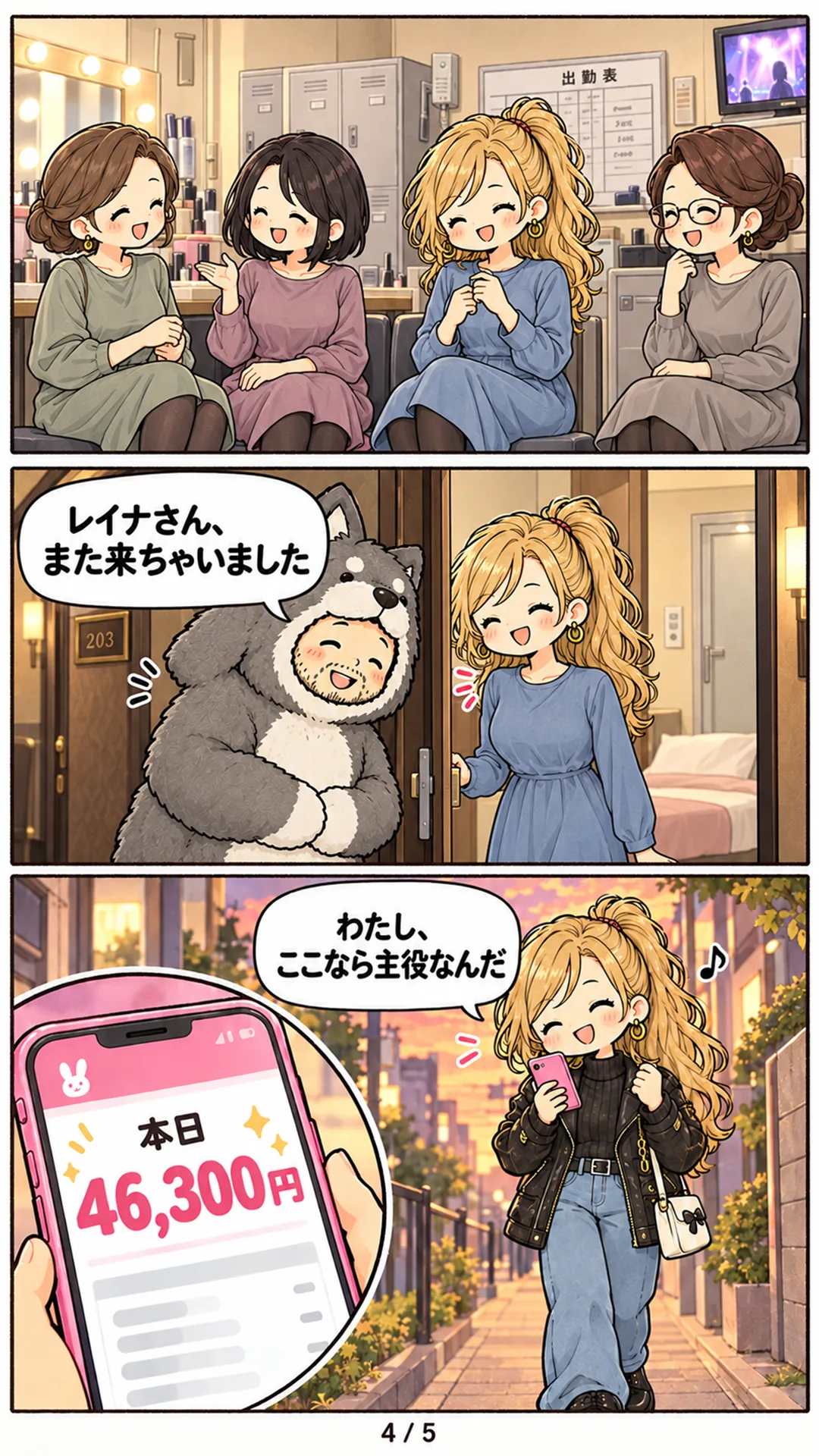 4ページ目。人妻店の待機室で、ワンピース姿のレイナがほかの女の子たちとなじんで笑っている。個室のドアの前で、お客さんのワンさん「レイナさん、また来ちゃいました」。帰り道、スマホに本日46,300円。レイナ「わたし、ここなら主役なんだ」